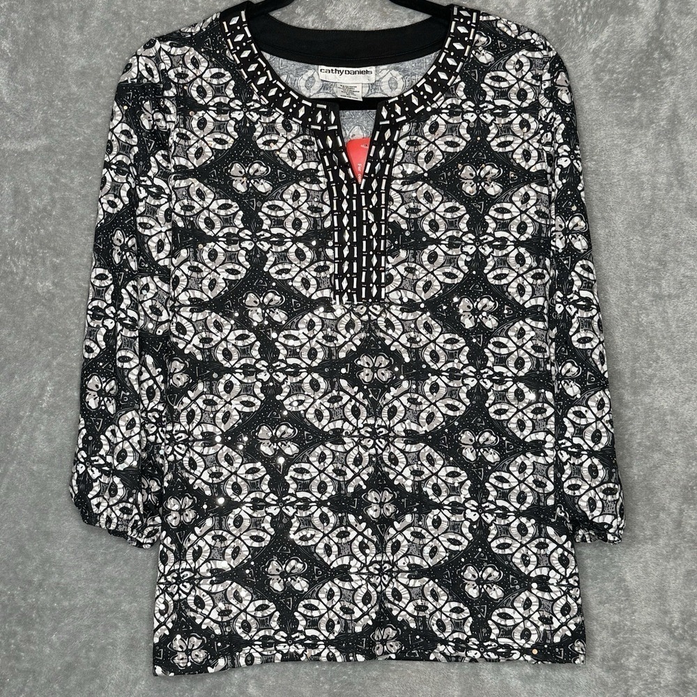 Cathy Daniels XL Top Shirt Black Paisley Split Scoop Neck 3/4‎ Sleeve Stretch
